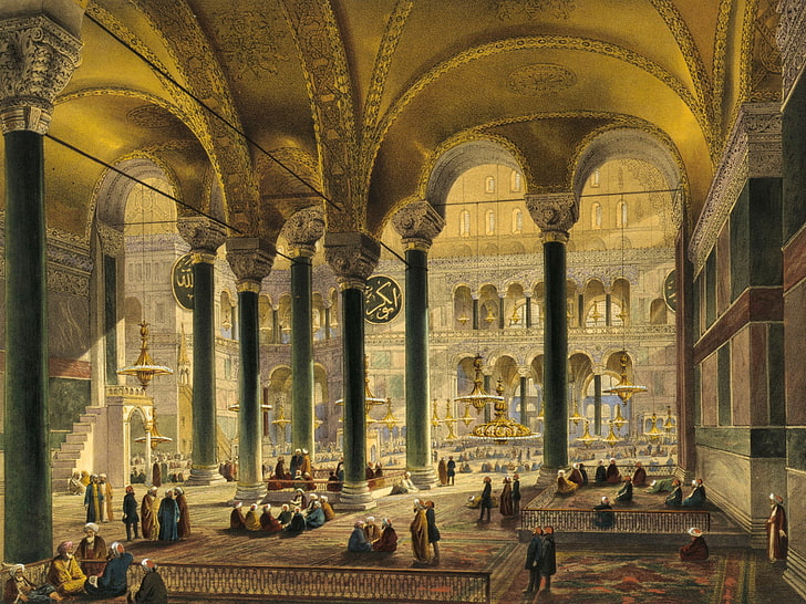 crown in beige dome painting, interior, mosque, Museum, Istanbul