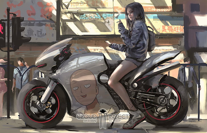WLOP, motorcycle, white hair, Saitama, One-Punch Man, digital art, HD wallpaper