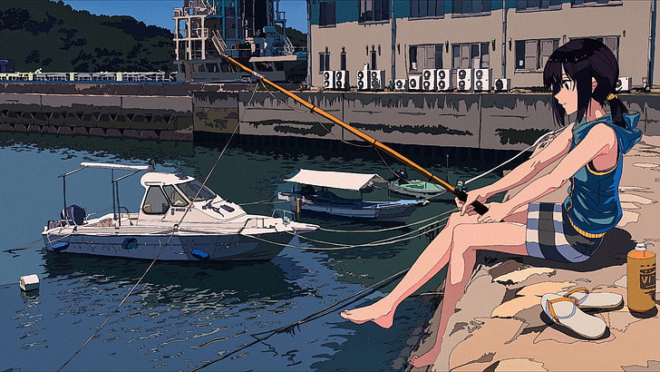 black haired female anime character illustration, fishing, barefoot