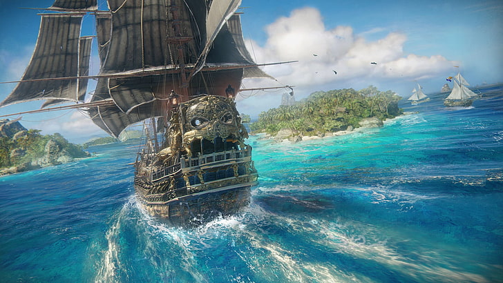 gray boat poster, video games, Skull and Bones, ship, pirates