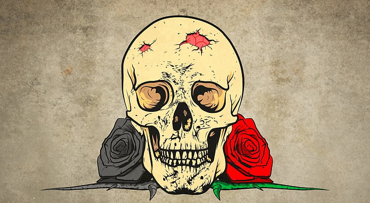 beige and red skull painting, flowers, rose, artwork, horror