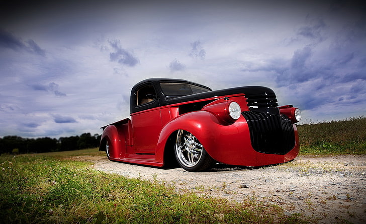 Hd Wallpaper Chevy Pick Up 1946 Hot Rod Classic Red And Black Single Cab Pickup Truck Wallpaper Flare