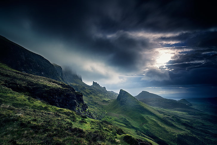 green grass covered mountain range, Scotland, clouds, hills, sea, HD wallpaper