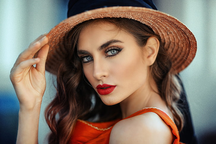 women, brunette, hat, face, portrait, blue eyes, red lipstick, HD wallpaper