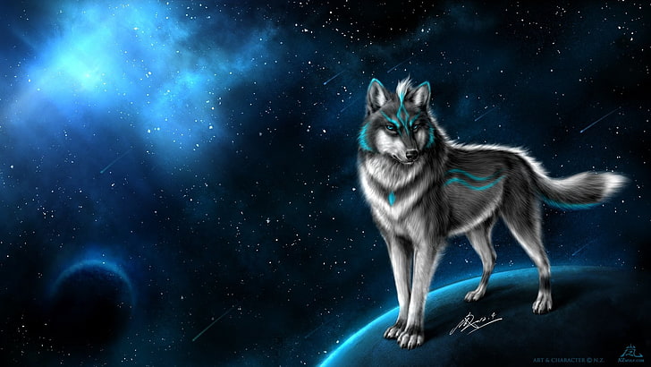 wolf, animals, fantasy art, artwork, space, stars, planet, digital art