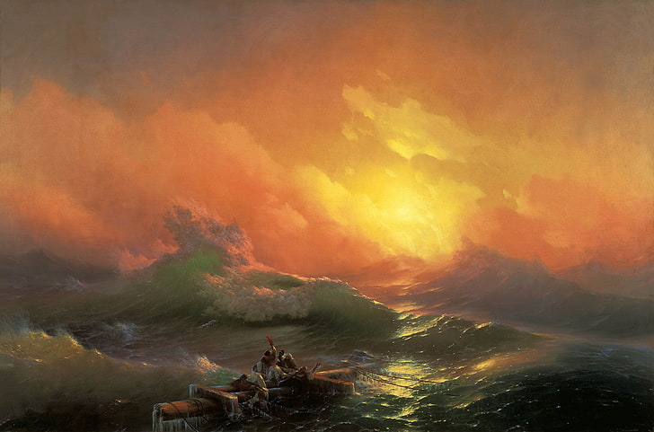 brown wooden galleon ship, sea, storm, The ninth wave, Aivazovsky