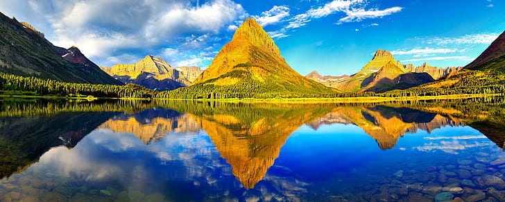 Glacier National Park Dual Monitor, beige-and-green mountain hills poster, HD wallpaper