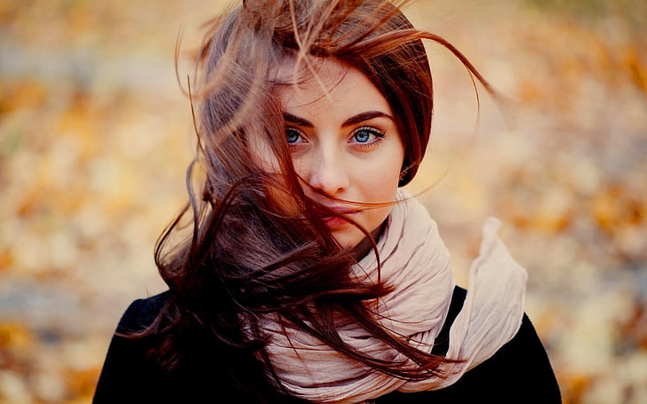 women's white scarf, blue eyes, redhead, Ann Nevreva, hair in face, HD wallpaper