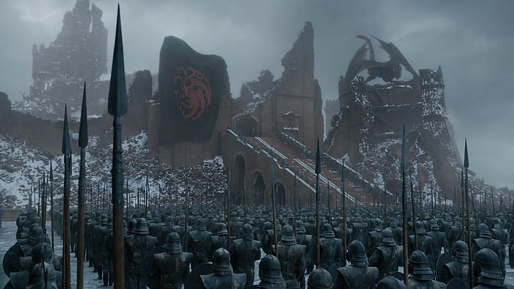 Game of Thrones, House Targaryen, dragon, army, spear, snow