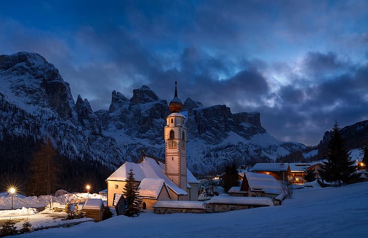 winter, snow, landscape, mountains, nature, home, Italy, Church, HD wallpaper