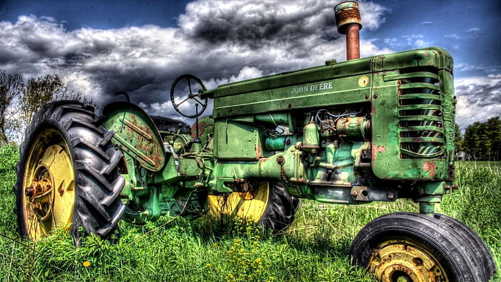 tractors, cloud - sky, land, field, grass, mode of transportation