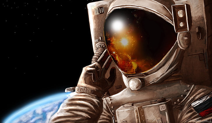 astronaut illustration, glass, space, stars, reflection, figure