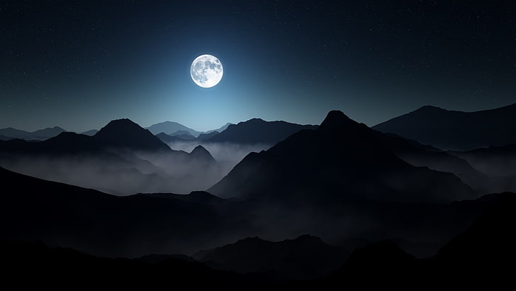 moon and mountains, nature, landscape, mist, starry night, moonlight