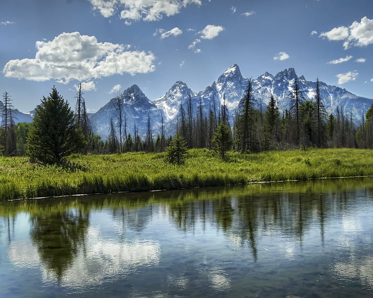 lake surrounded with green trees and mountains nearby, Tetons, HD wallpaper