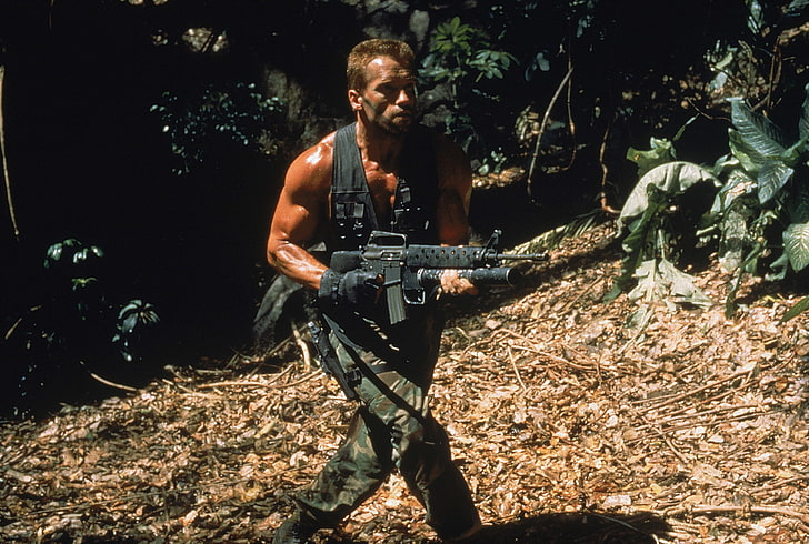Arnold Schwarzenegger, man, jungle, soldiers, actor, Predator, HD wallpaper