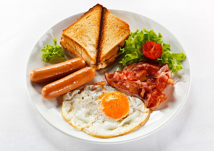 sandwich and sausages, dish, breakfast, fried eggs, meat, greens, HD wallpaper