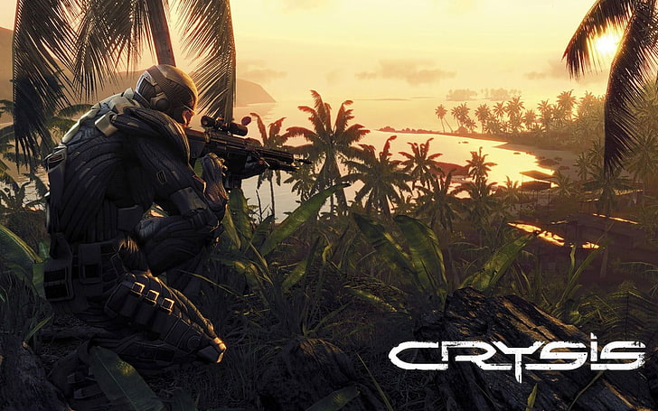 Crysis promotional artwork, armor, weapon, sniper rifle, jungle, HD wallpaper