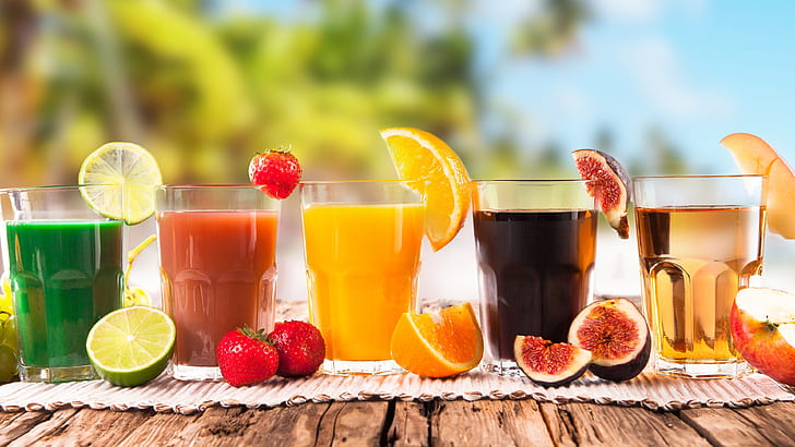 Cocktail, fresh fruit drinks, lime, strawberry, orange, fig, apple