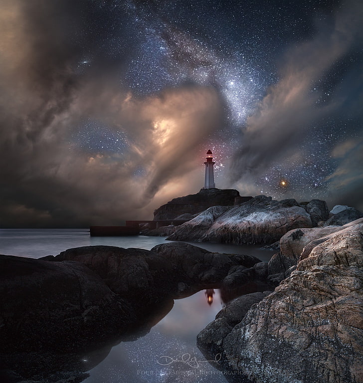 white and red lighthouse, landscape, water, sky, rock, sea, night