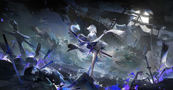 ghost ship, ninja character, kunai, night, white hair, anime girls, HD wallpaper