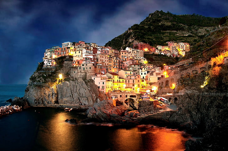 Amalfi Coast, night, the city, rocks, home, boats, the evening, HD wallpaper
