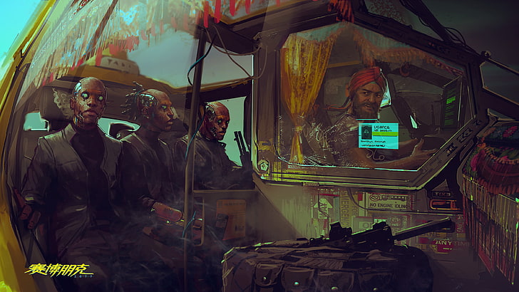 four man sitting inside helicopter digital wallpaper, cyberpunk, HD wallpaper
