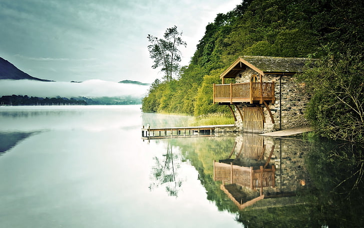 brown wooden lake dock, nature, reflection, boathouses, mist