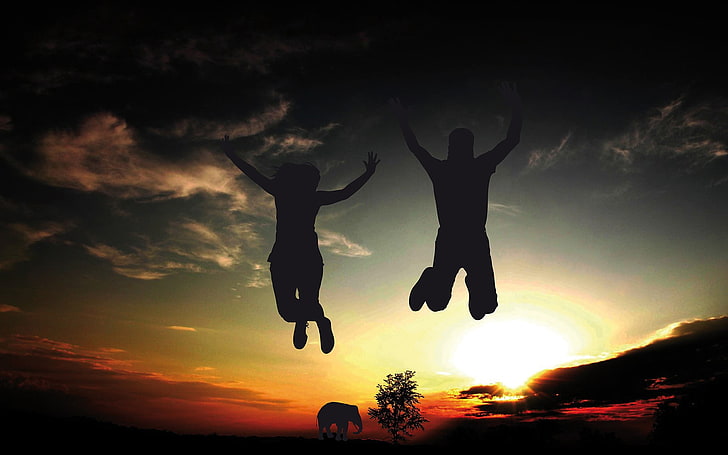 silhouette of man and woman, people, jumping, elephant, sky, sunset