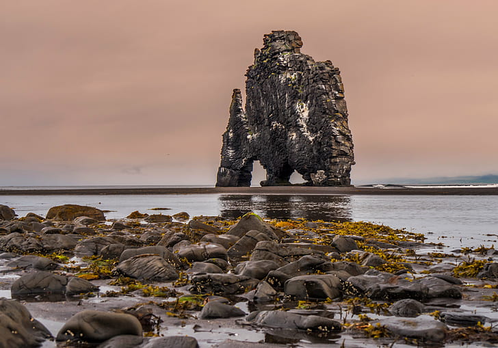 rock formation in the middle of sea during day time, Hvítserkur