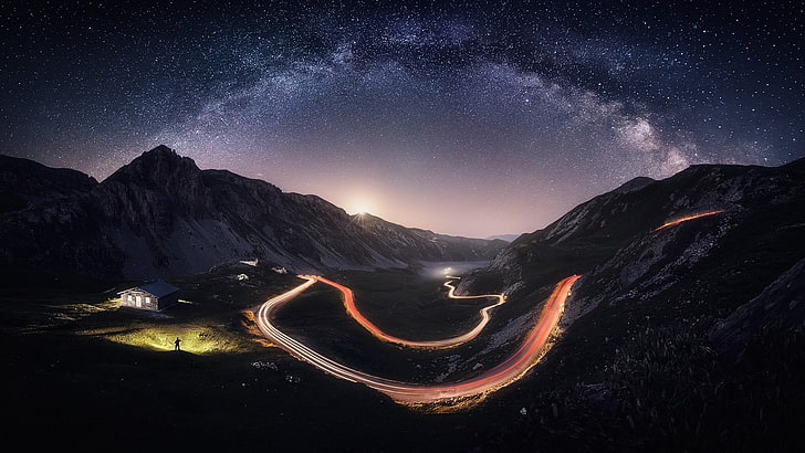 starry nights, nature, landscape, Milky Way, mountains, road, HD wallpaper