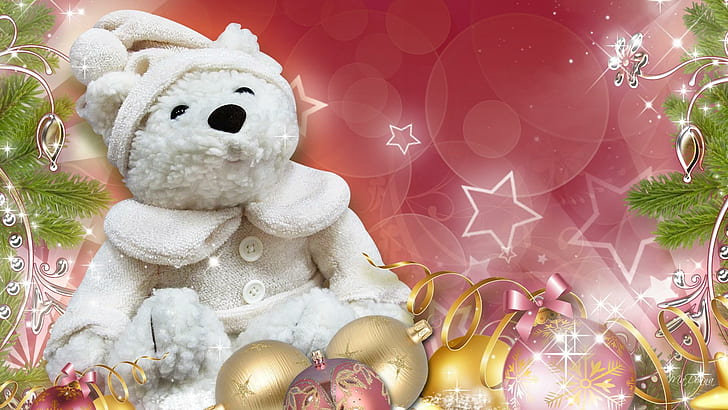 White Teddy Christmas New Year, glitter, decorations, bows, stars, HD wallpaper