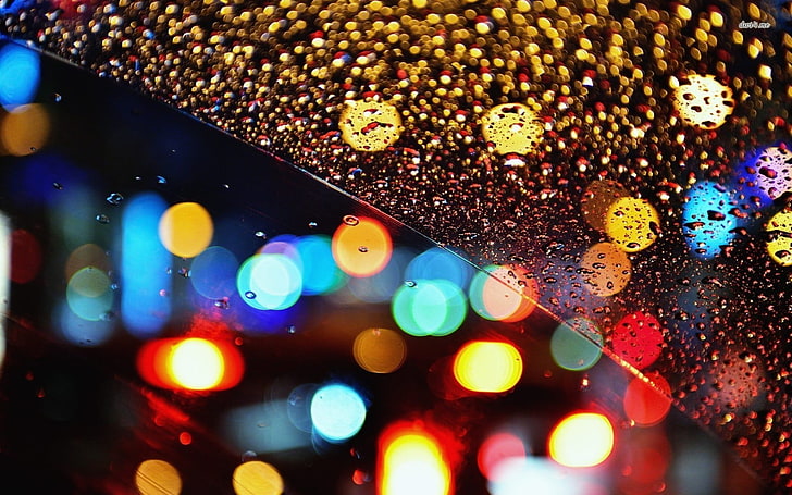 assorted-color bokeh lights, rain, water drops, water on glass