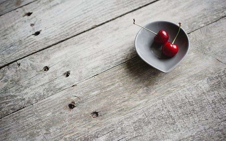 bowls, fruit, wooden surface, cherries (food)