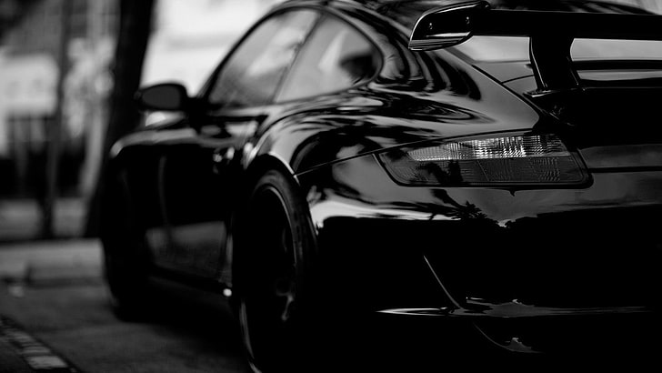 black coupe, vehicle, car, Porsche, monochrome, mode of transportation