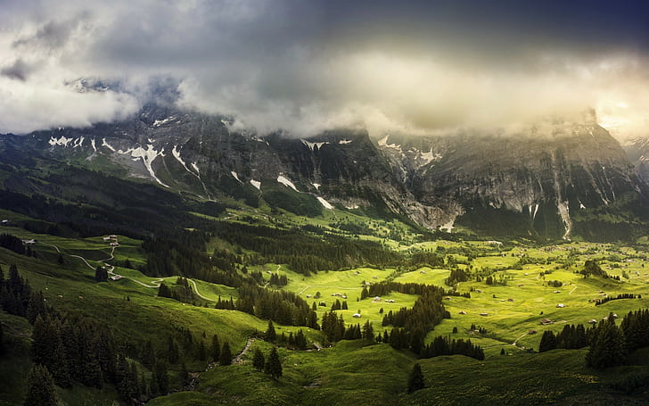 landscape, nature, mountains, Switzerland, trees, clouds, valley, HD wallpaper