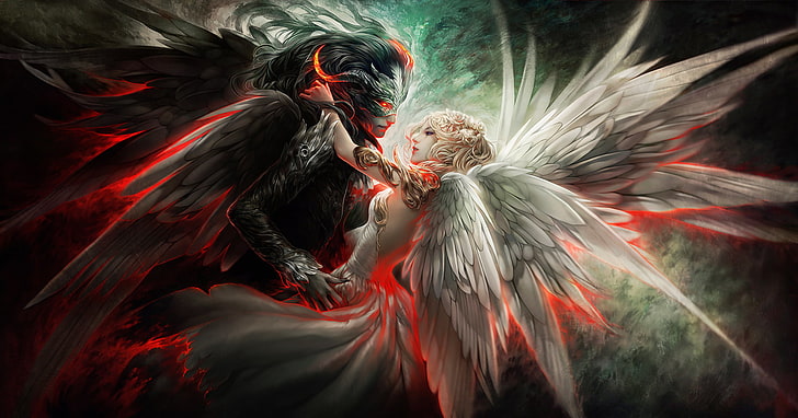 angel and demon illustration, wings, devil, dance, fantasy, animal