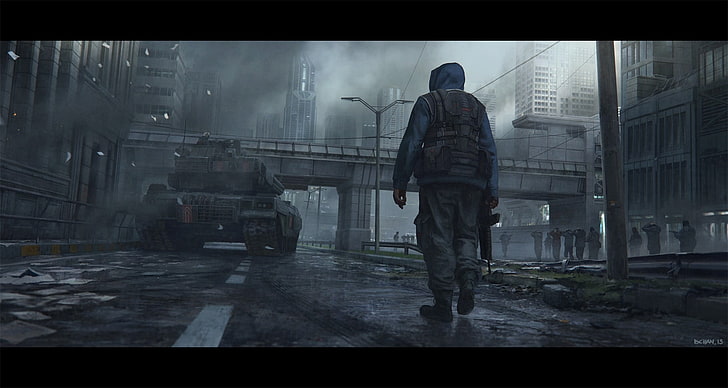 men's gray tactical vest and gray pants, apocalyptic, martial law, HD wallpaper