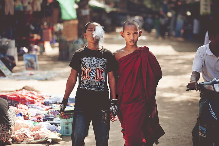 ACDC, children, street, Tibet, Burma, smoking, monks, HD wallpaper