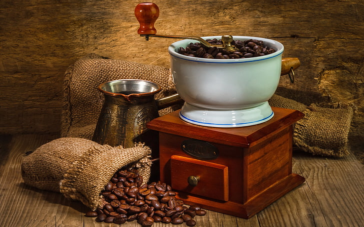 white and brown coffee grinder photography, grain, bean, wood - Material, HD wallpaper