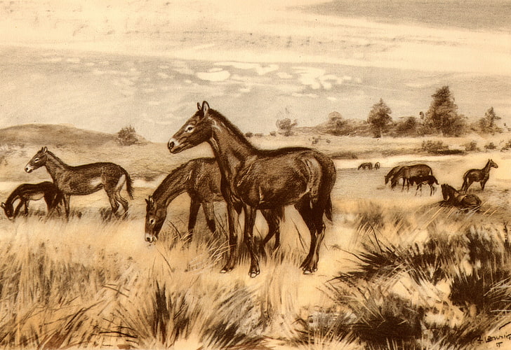 paintings illustrations horses ancient prehistoric zdenek burian 3624x2490  Animals Horses HD Art, HD wallpaper