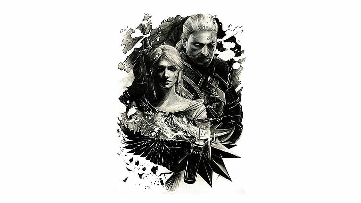 black and white flower painting, Ciri, Geralt of Rivia, The Witcher, HD wallpaper
