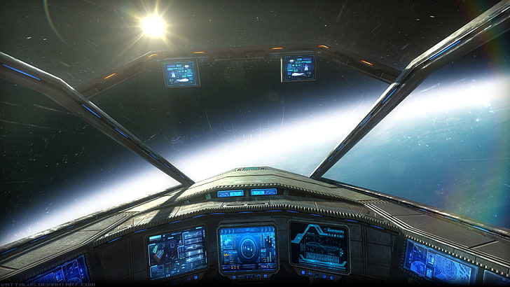 gray spaceship, digital art, cockpit, Star Citizen, night, technology