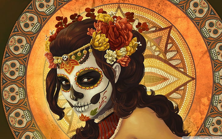 face paint, digital art, women, spooky, fantasy girl, Sugar Skull, HD wallpaper