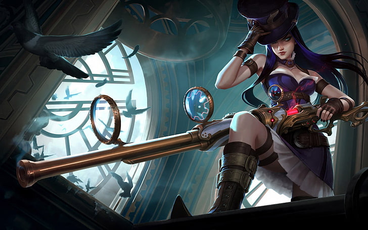 purple-haired woman holding rifle anime character, League of Legends