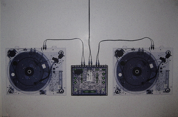 two white-and-black turntables, DJ, sound mixers, music, gramophone
