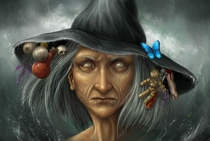 woman in gray witch hat portrait painting, face, hair, ingredients