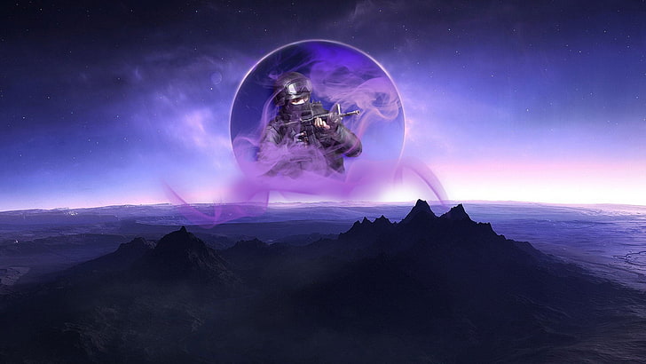 Counter Strike wallpaper, purple, smoke, digital art, night, star - space