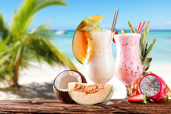 dragon fruit shake, sea, beach, coconut, strawberry, pineapple