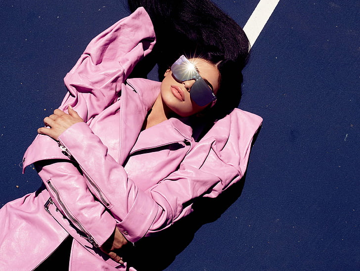 women's pink leather coat, Kylie Jenner, HD, 4K