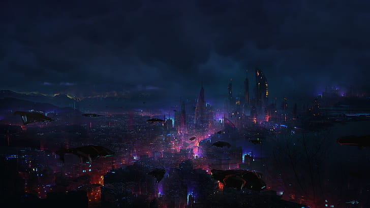 Night, The city, Future, Clouds, Skyscrapers, Machine, Art, HD wallpaper
